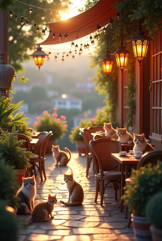 An open-terrace cafe with only cats, Twilight, The sidewalk is paved with stone