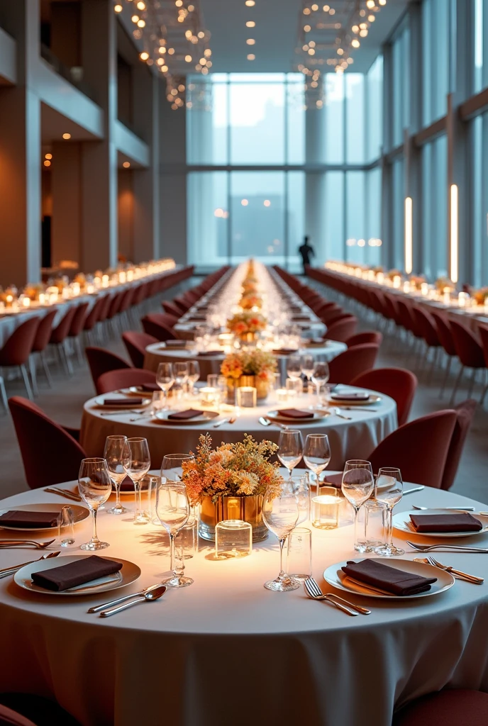 Decoration for a futuristic corporate event with tableware and all decoration included with separate tables