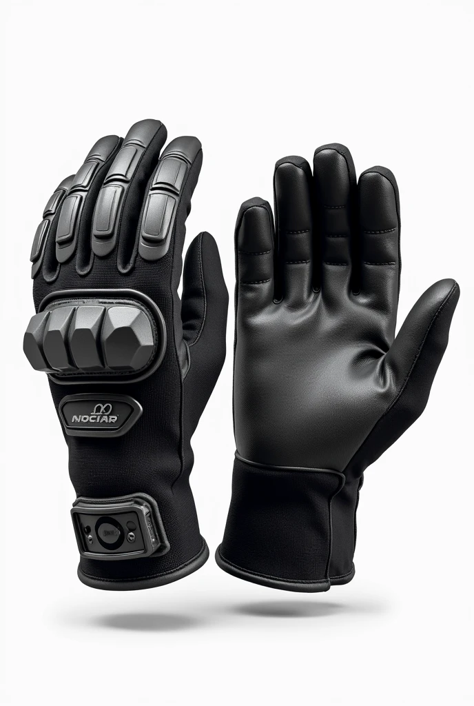 Design a pair of mechanic gloves, showcasing both front and back views on a white background. Front View: The palm area should feature reinforced padding to withstand wear and tear, with a textured, anti-slip surface for a secure grip during mechanical work. The fingers should be ergonomically designed with articulated segments to provide flexibility and dexterity. The gloves should be made from durable, breathable materials like synthetic leather and spandex to ensure comfort and long-lasting use. Back View: The back of the gloves should prominently feature a rubber patch, strategically placed over the knuckles and fingers to offer protection against impacts and abrasions. This rubber patch should be designed to enhance both the functionality and style of the gloves. Additional padding can be included for extra protection, and the gloves should have an adjustable wrist closure to ensure a secure, comfortable fit. Present both the front and back views of the gloves on a plain white background to clearly showcase the rubber patch and the overall design features.