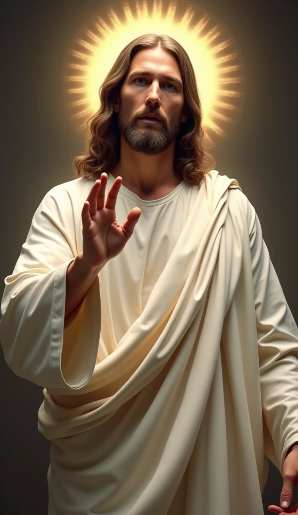 Image of Jesus Christ, medium distance, high quality, realistic. He is pointing his finger towards the camera as if he is speaking directly to me, white clothes, round halo on head