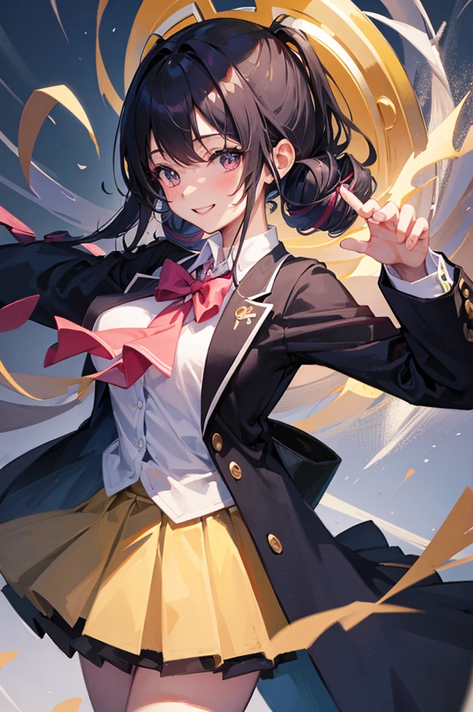 master piece , best quality , ultra detailed, Japanese, cute, 
1girl, smile, 17yo, school uniform, blazer, medium breasts, twin drills, cowboy shot, gravure