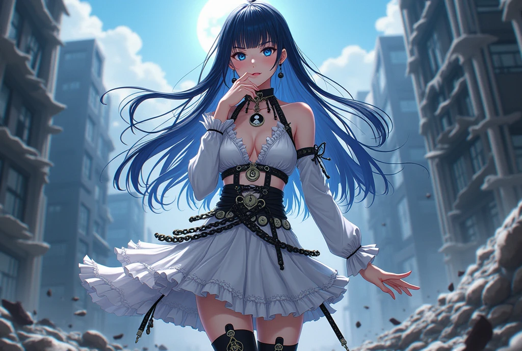 jirai kei, anime, blunt bangs, ecstasy, audience, dark persona, long hair, straight hair, smirk, teasing, hand on own chin, evil smile, trap, 1 boy, sissy boy, femboy, dark blue eye, boots, knee high socks, white and black hair, two tone half color hair, destroying, Casting a darkness destruction spell, blood spatter, Ruined city, black cape, frills, runes, tassels, feng shui, white dress, belts, earrings, chains, yin yang, beautiful art, depth of field, high res, perfect face, detailed outfit