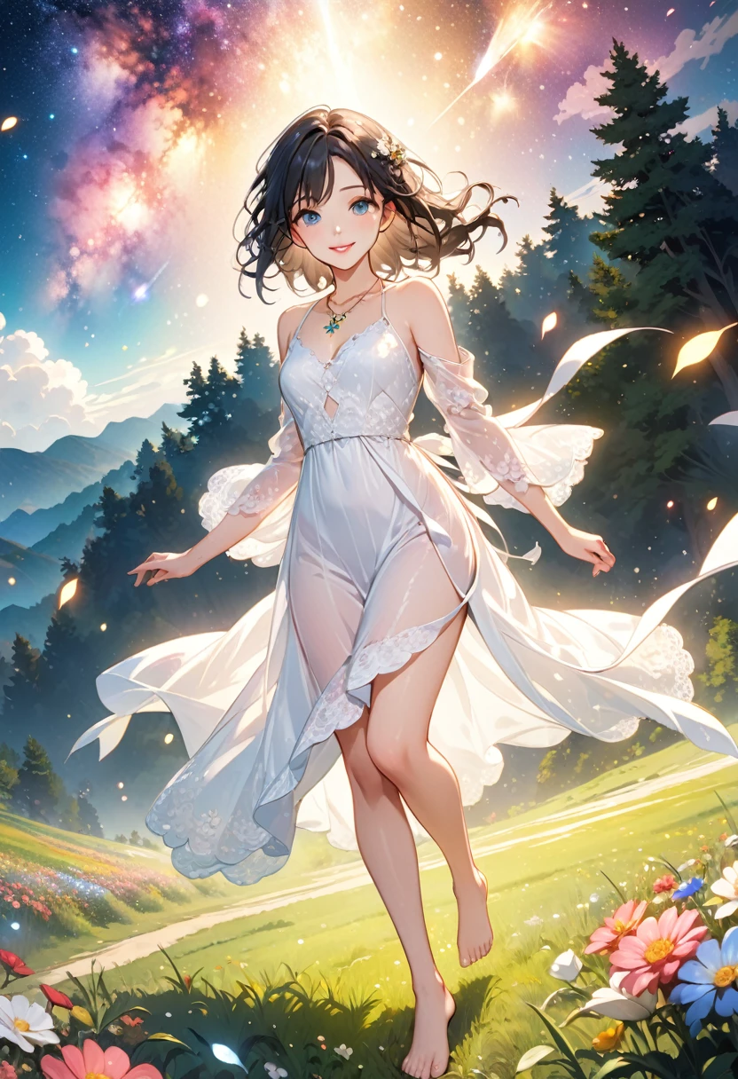 (masterpiece、Highest quality、8k、High resolution)、1 female、Beautiful eyes with slit length、Cute lips、Beautiful Nose、Brownish black hair、smile、(Best anime girl)、Green grassland with forest view、Walking,(Barefoot, flying, running, high, high),Colorful flowers blooming in the field,A bright night with the stars clearly visible、milky way、(Mysterious light particles from the whole body、Colorful light particles)、jewelry、necklace、White lace dress、(Beautiful full body style)、Highly detailed anime art、A complete portrayal、