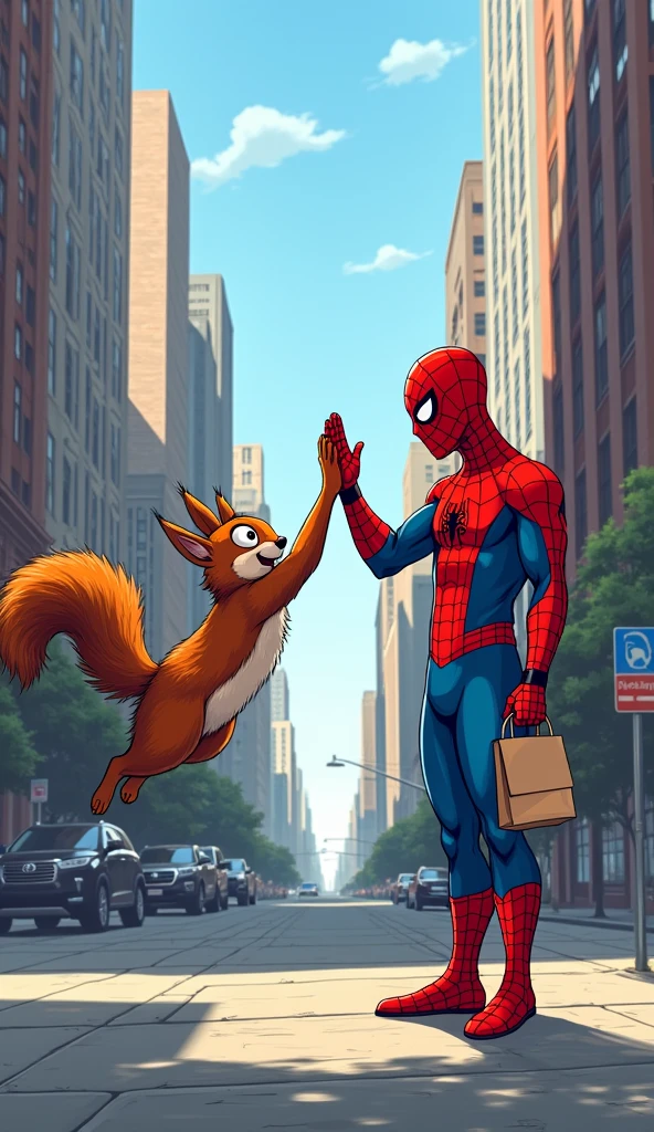 Spider-Man and the Squirrel High-Fiving**: After freeing himself, Spider-Man and the squirrel exchange a playful high-five, with Spider-Man holding his lunch.