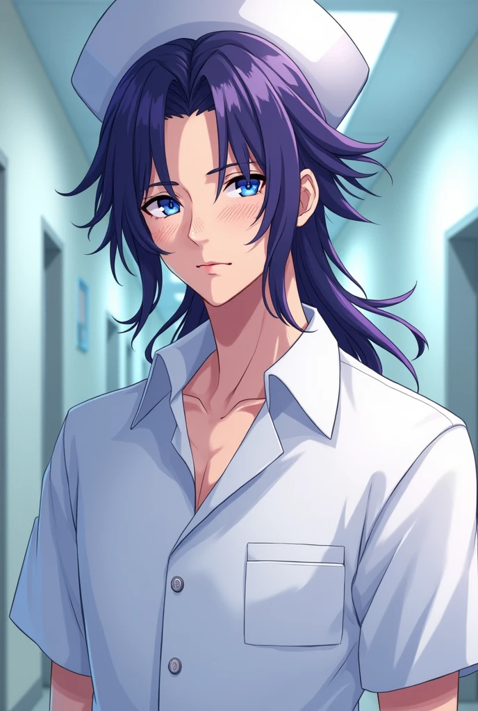 Generate in anime style a handsome man with purple hair with two long black locks, blue eyes, freckles on his face, White skin, two bandages on his cheeks, a white shirt with a male nurse uniform