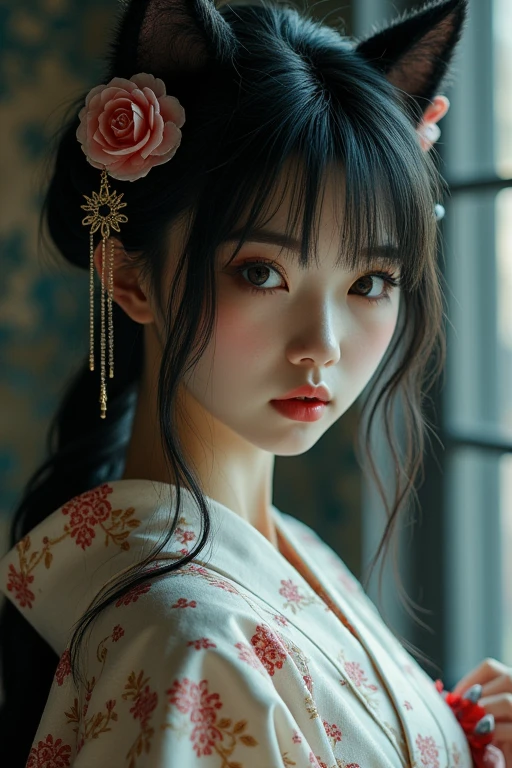 Japanese style kimono Floral decoration hairpin mysterious Mysterious coolビューティー Beauty cute clear Pitiful cool Real Gothic ta Hata Girl Beauty 美Girl Doll Cat ear もっとmysterious