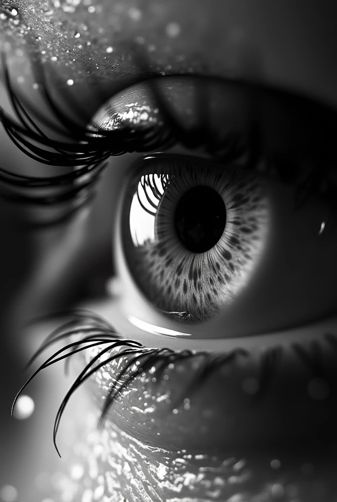Extreme close-up of a human eye in black and white. Macro photography showing intricate details of iris, pupil, and eyelashes. Water droplets on eyelashes and skin, creating a glossy effect. High contrast image emphasizing textures and reflections.