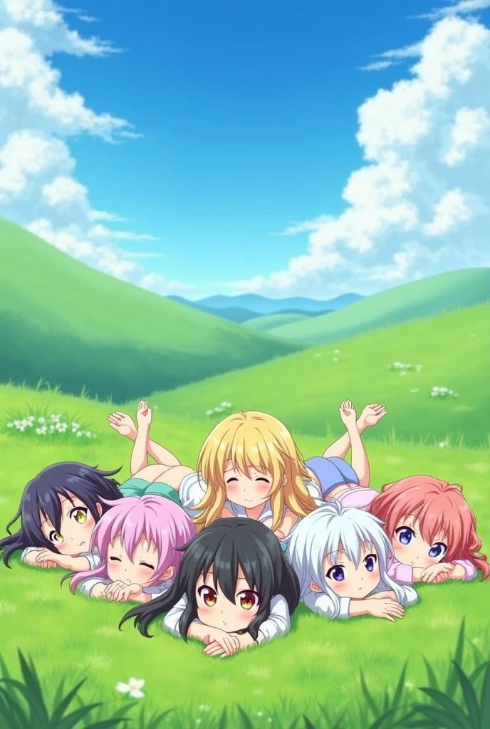 Five anime girls lying on the field holding hands