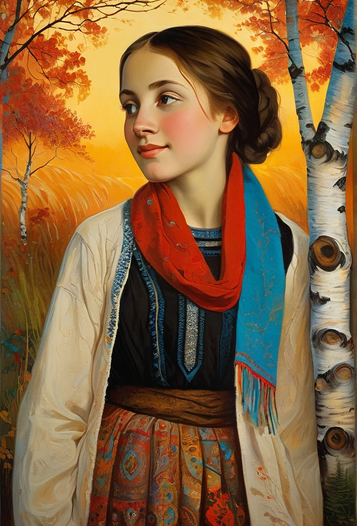 a young Russian girl, against the background of a crimson sunset, complex detailing, aged canvas, "the girl by the white birch" (in the style of Odilon-Redon, depicted in oil on canvas),
a beautiful girl with brown hair in a scarf, hugging the trunk of a birch tree dressed in a top and maxi skirt with patterns and knitting, ((background: high bank of the white birch river in cheerful colors,
stunning, highly detailed, 8k, ornate, intricate, vintage, dehydrated, atmospheric, scuff gradient,
(oil painting: 0.75), (splash: 0.75), (turquoise: 0.2), (orange: 0.2), (pink:0.33),
(Odilon-Redon: 0.5), (John Constable: 0.1),
((El Greco: 0.5),(acrylic paint: 0.75), 8k (())e