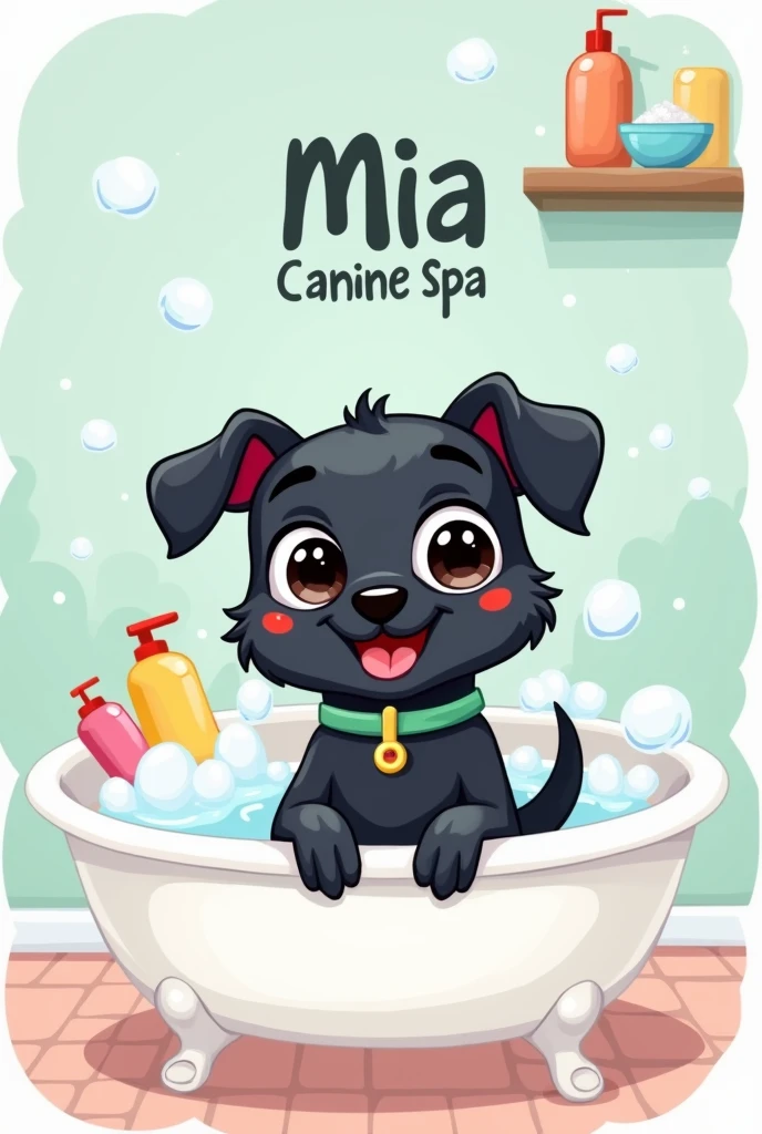 (Logo) cartoons of a black dog, in a white tub, with bubbles and shampoo with the name Mía Canine Spa