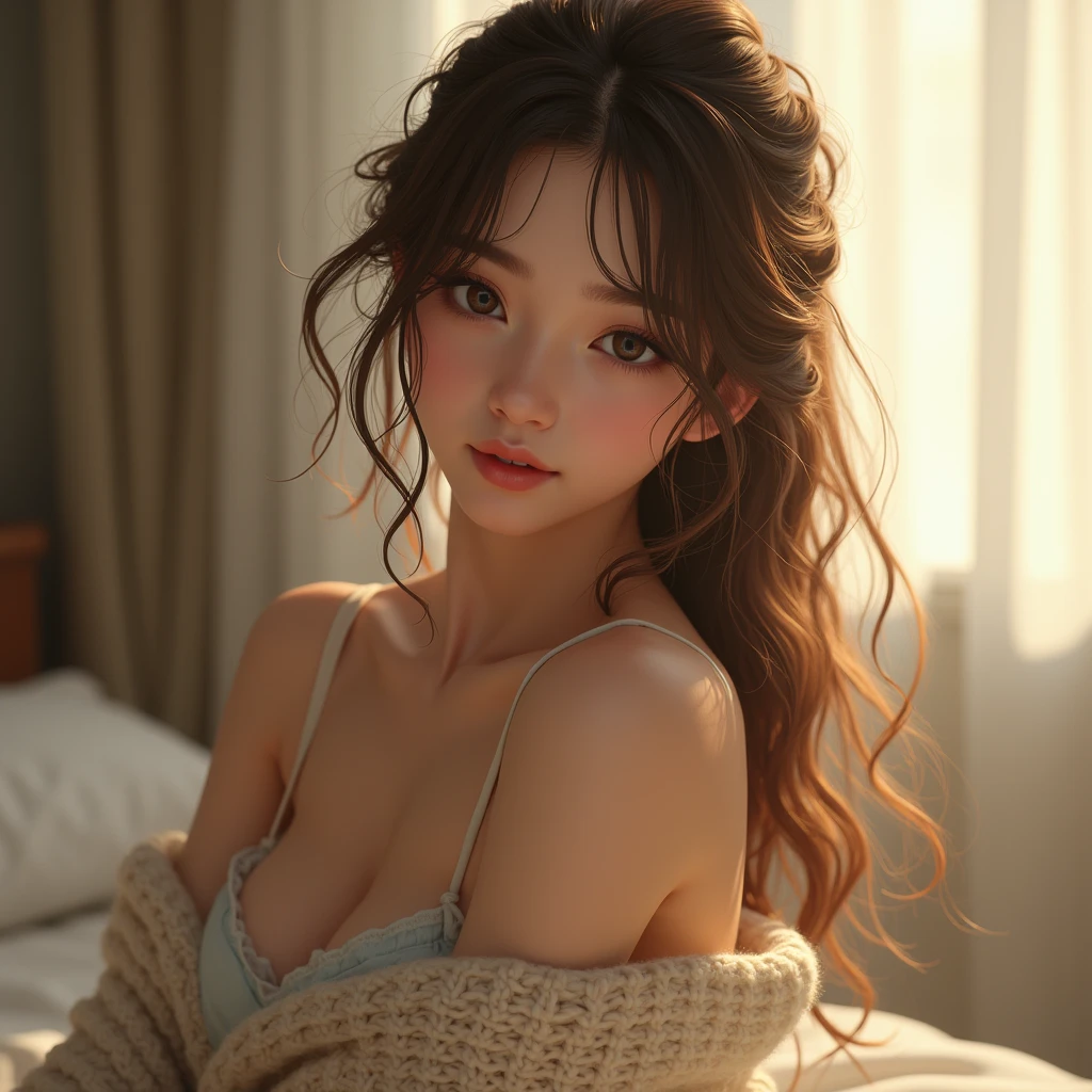(Masterpiece:1.3), (8ก, Real people, no anime,raw photography, Highest picture quality: 1.4), Japanese high school girls、(Random hairstyle:1.2)、Breast cleavage:1.2、Highly detailed face、Eye of Detail、Double eyelids、Gather your breasts together,Bedroom atmosphere in the morning,The light shines beautifully.,Sharp focus:1.2、beautiful woman:1.4、light brown hair、Highest quality、Masterpiece、high definition、(Virtual image:1.4)、Highly detailed and professional lighting smile、Loose and light knitwear、Shoulder out、Beautiful figure、Serious facial expression、Long hair is messy.、Serious position