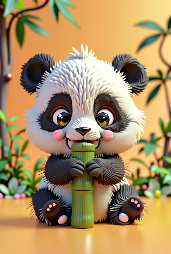 I need you to design me an animated image of a cute baby panda sitting down, eating a bamboo branch (speaker shape) in a frontal plane where you can see that he is biting the bamboo