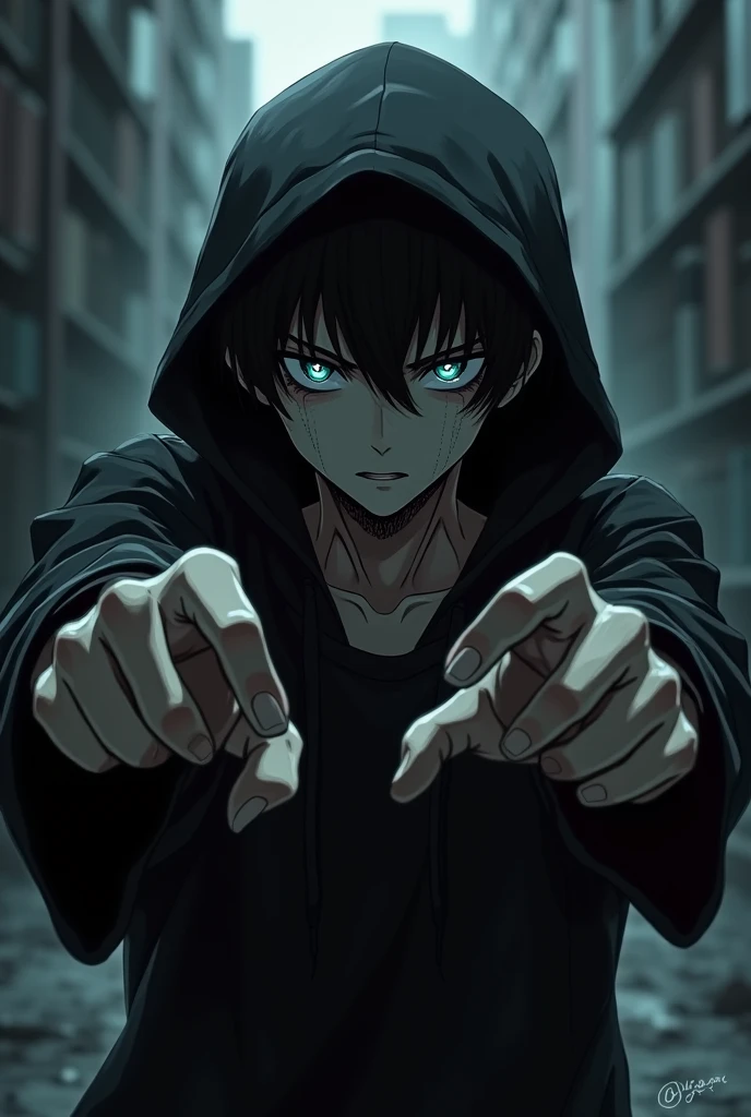 Anime boy with fully black eye balls and a black hoodie punching and black veins on his arms