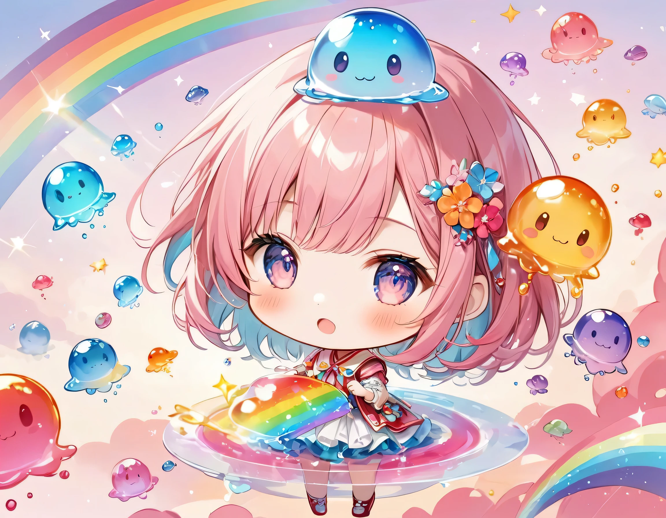 Momoko Sakura colorful style, The most beautiful girl of all time, (((chibi))), (((hide and seek))), Cute Aliens, All in one, Tshine in fantastical rainbow colors,and a completely melted jelly fusion, Holographic sparkling reflections, Create an engaging impression on your audience, Surface of Mars