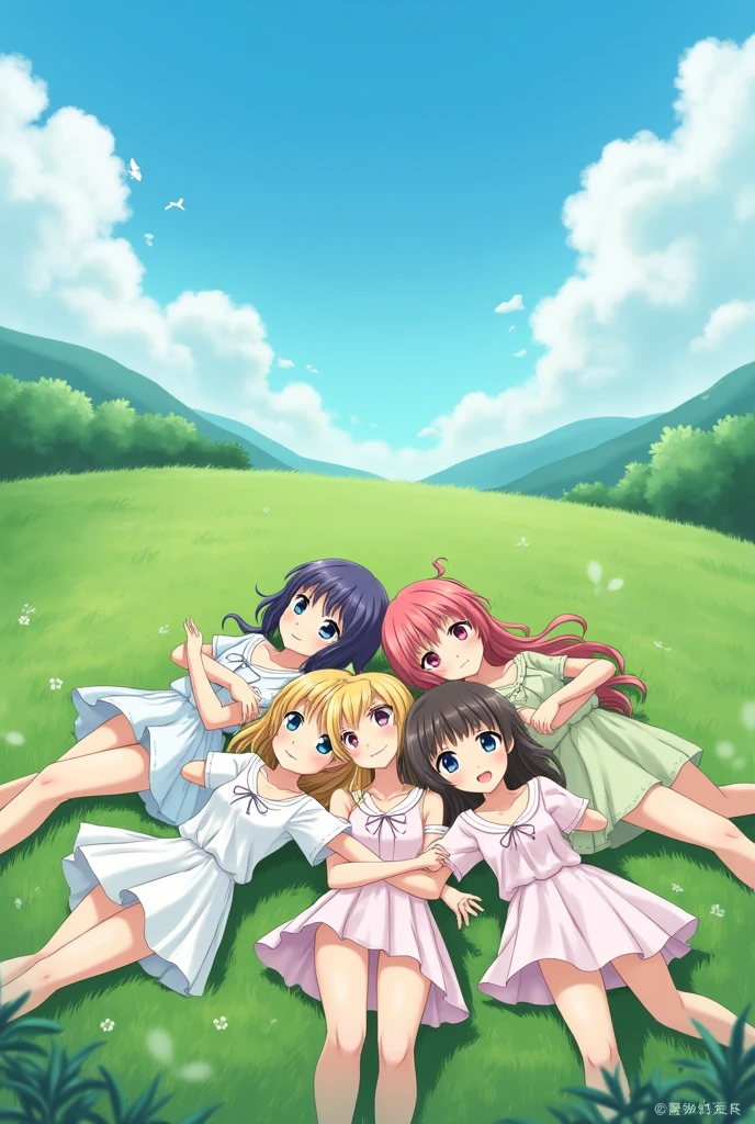 Five anime girls lying on the field holding hands