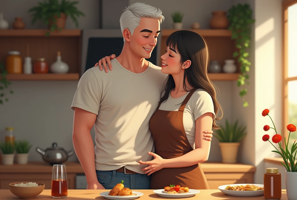 High Resolution, Masterpiece, Accurate, Detail, High Quality, Realistic photo. A 2 asian women, long dark hair, white skin, height: 155 cm, weight: 45 kg. A 30 year old husband, short hair, white skin, wearing a white t-shirt, height: 160 cm, weight: 55 kg. Couple in a kitchen. They are standing close together, with the man's arm around the woman's waist. The woman is wearing a brown apron and has long dark hair. They both have big smiles on their faces and are looking at each other lovingly. In the background, there is a wooden shelf with various kitchen items, including a jar of honey, a bunch of garlic, and a vase of flowers. On the table in front of them, there are plates of food and a glass of wine. The overall mood of the image is happy and romantic.