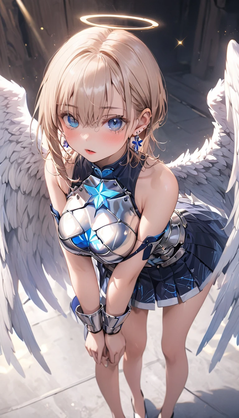 ((((highest quality)))), (((Ultra-precision CG 16K))), (((masterpiece))), (((Very detailed))), (((Extremely detailed))), (((Black outline:1.3, Written boundary depth:1.3 , Written soft outline))), Maximum clarity and sharpness,Multilayer Texture, Surface Shading, Cinematic lighting, Beautiful details sparkle ,Perfect Proportions, Limited to three woman, BREAK accurate, Anatomically correct, Highly detailed face and skin texture, drawn in detail, Highly detailed facial and skin texture, Detailed eyes, beautiful hair, Beautiful Japanese Idol face, Beautiful and beautiful eyes, Beautiful body, Beautiful breasts, Beautiful thighs, Beautiful legs, Beautiful fingers, (Beautiful views) , skinny body, ((Beautiful Skin)), ((Skin Texture)) BREAK breast enlarged, medium Breasts, rocket breasts, (((perky breasts))), (covered nipples), slender waist, ( swollen face , upward glance , narrow eyes, blush, determined expression, sweaty, ) , (streaked hair, hair intakes, colored inner hair, ) BREAK (((angel wings, wearing sexy armor dress in the form of thin strings printed literals, wearing pleats mini-skirt, breasts is covered by outfit))) , wearing earrings, BREAK ( stick breast out),(((looking at viewer, super detailed background , ))), BREAK ((((portrait, full body shot, looking at viewer, \(face waiting for kiss\):1.3, bending over, from above )))), (natural make),