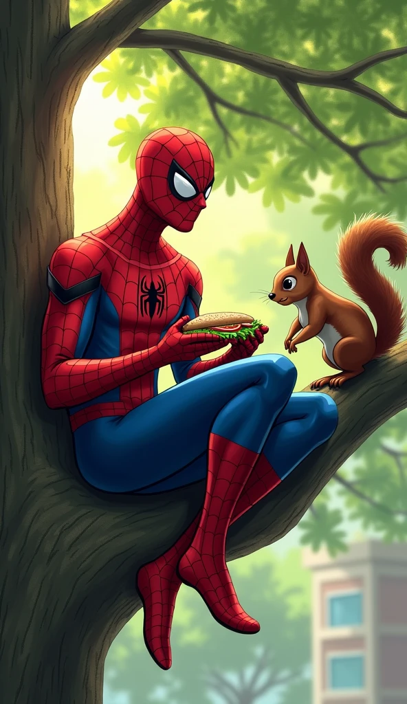 Spider-Man Eating Lunch in the Tree**: Spider-Man perched on a tree branch, happily eating his lunch, while the squirrel watches from a nearby branch.