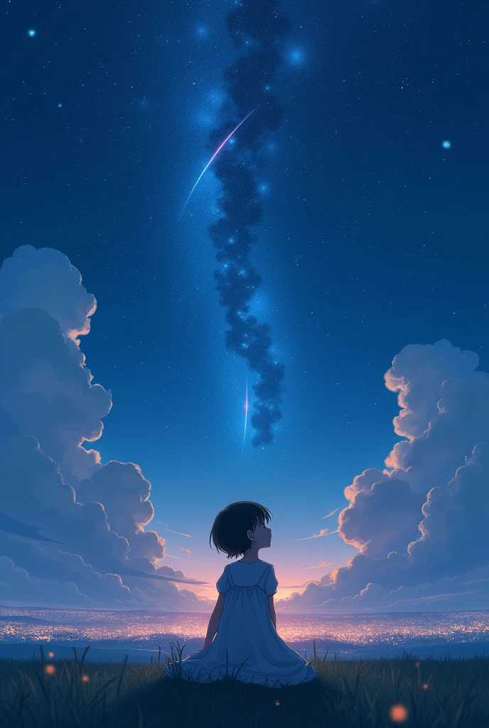Vast landscape photography, A very young girl standing looking at the cityscape in the distance, Look up at the sky, shooting star, fire Fly, dream, Makoto Shinkai Cyril Rolland, Space Sky. by Makoto Shinkai, 4k anime wallpaper, anime wallpaper 4k, anime wallpaper 4k, anime art wallpaper 4k, anime art wallpaper 4k, Sitting on a cloud in space, Anime Art Wallpapers 8K, Put your hands on your knees