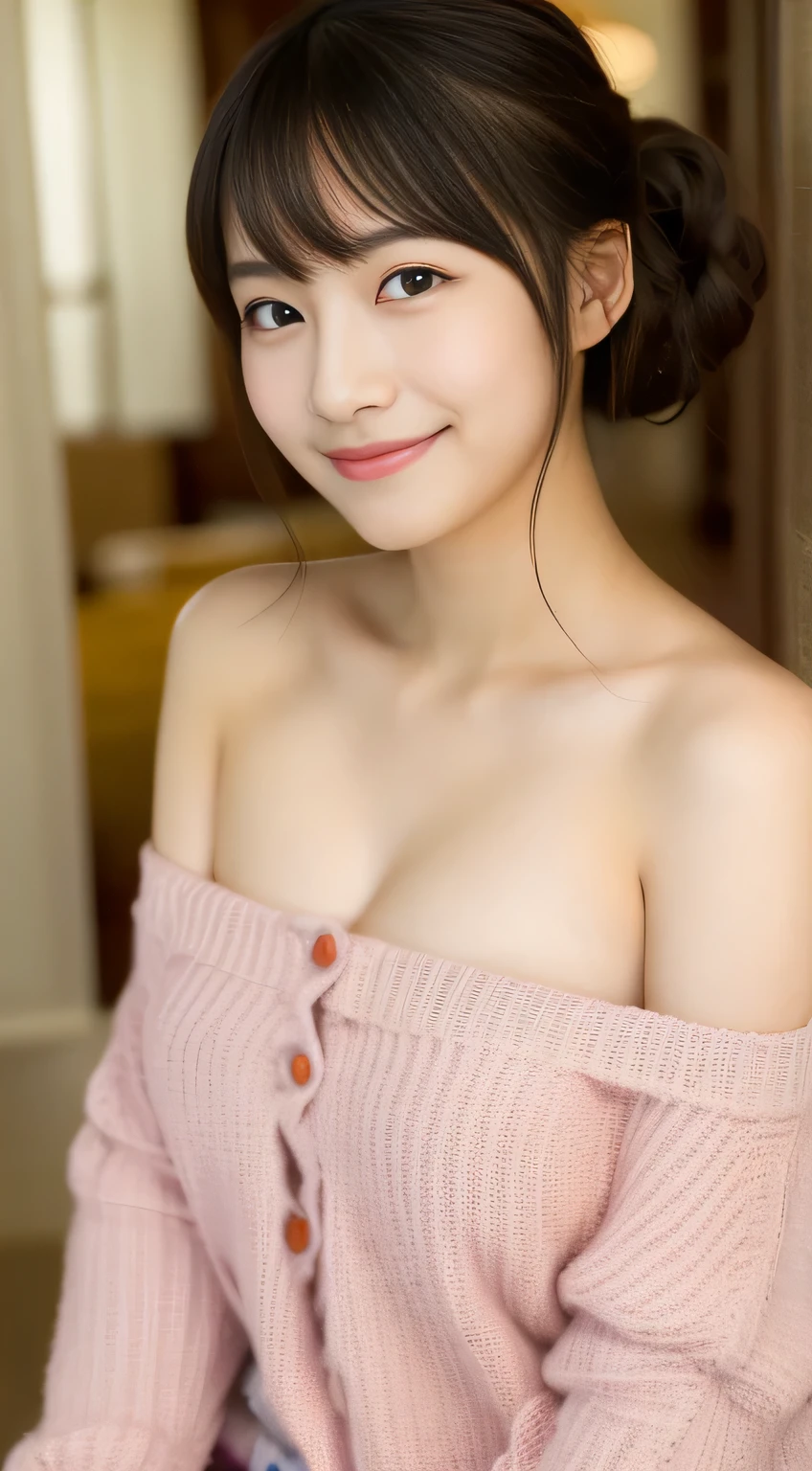 masterpiece,best quality,(Japanese girl),((Beautiful girl)),cleavage,(off shoulder:1.2),(perfect body beauty:1.2),(shy smile),From slightly above