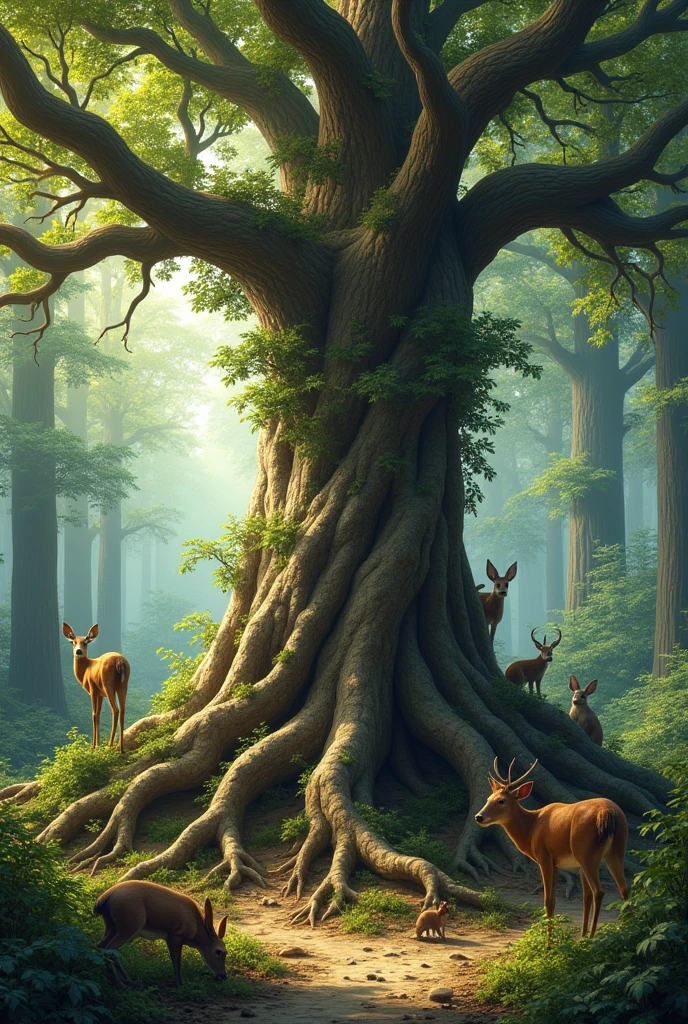 Problem tree with long roots surrounded by wildlife and forest animals