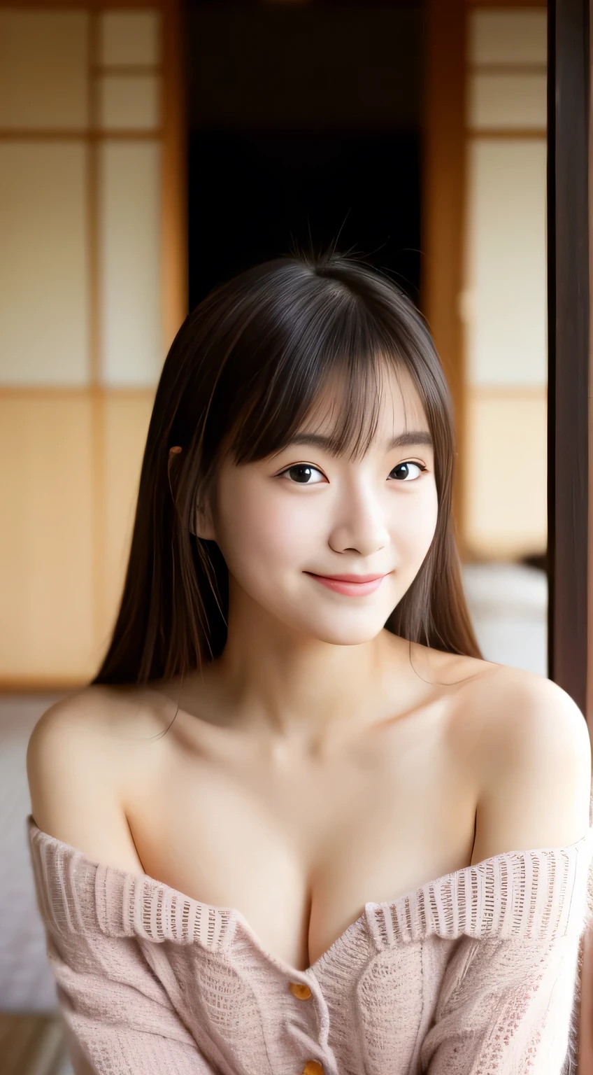 masterpiece,best quality,(Japanese girl),((Beautiful girl)),cleavage,(off shoulder:1.2),(perfect body beauty:1.2),(shy smile),From slightly above