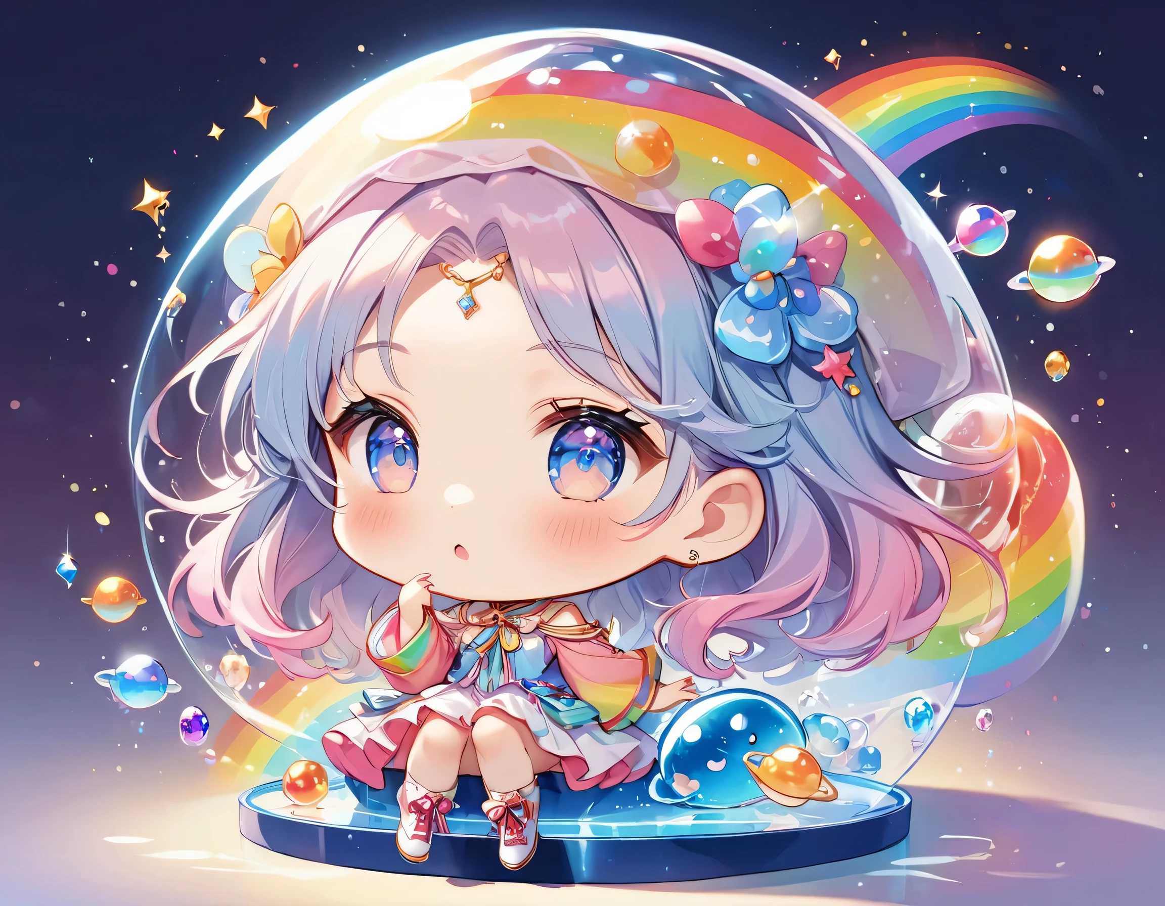 Momoko Sakura colorful style, The most beautiful girl of all time, (((chibi))), (((hide and seek))), Cute Aliens, All in one, Tshine in fantastical rainbow colors,and a completely melted jelly fusion, Holographic sparkling reflections, Create an engaging impression on your audience, Surface of Mars