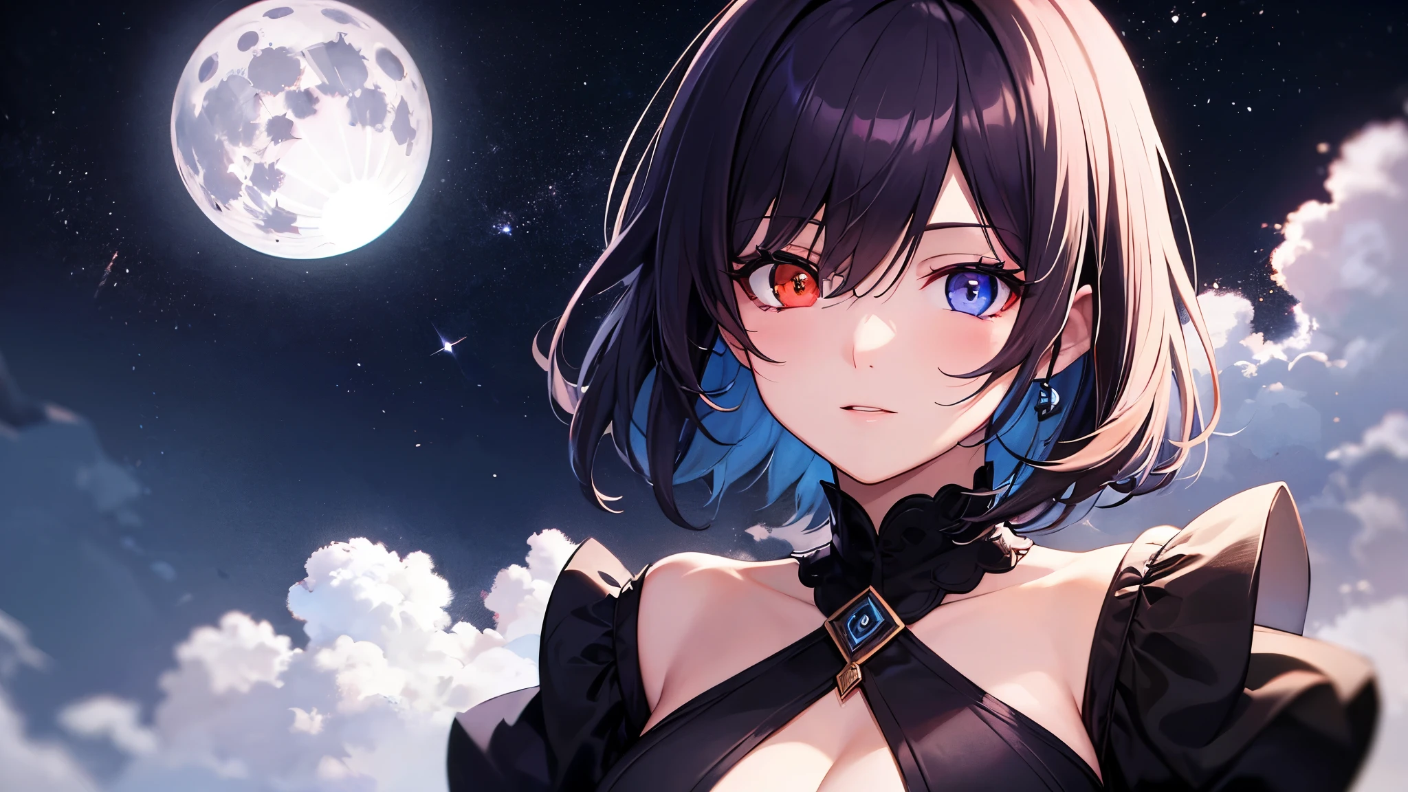 Highest quality, 8k, 4K, High resolution, (Beautifully detailed face), High Contrast,One person,only,short hair,Dark purple hair,Heterochromia iridis(Red eyes,blue eyes),Upper Eye,Large Breasts, Dress in black, Nice background, Full moon night