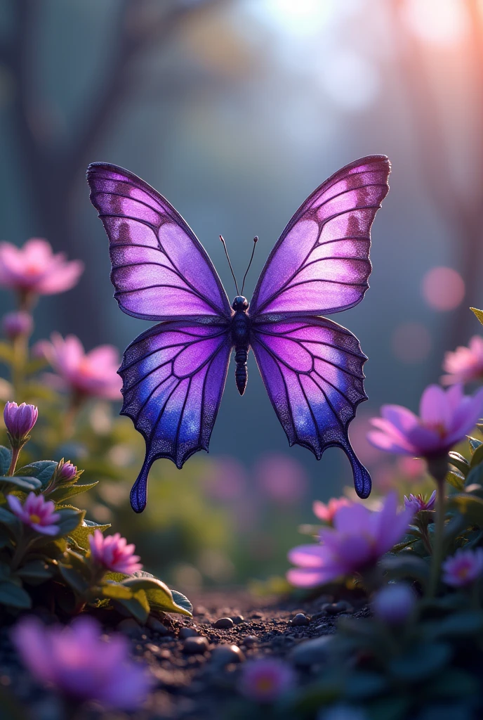 A purple butterfly that is in a garden