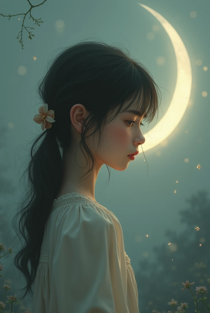 Sad nice girl with moon