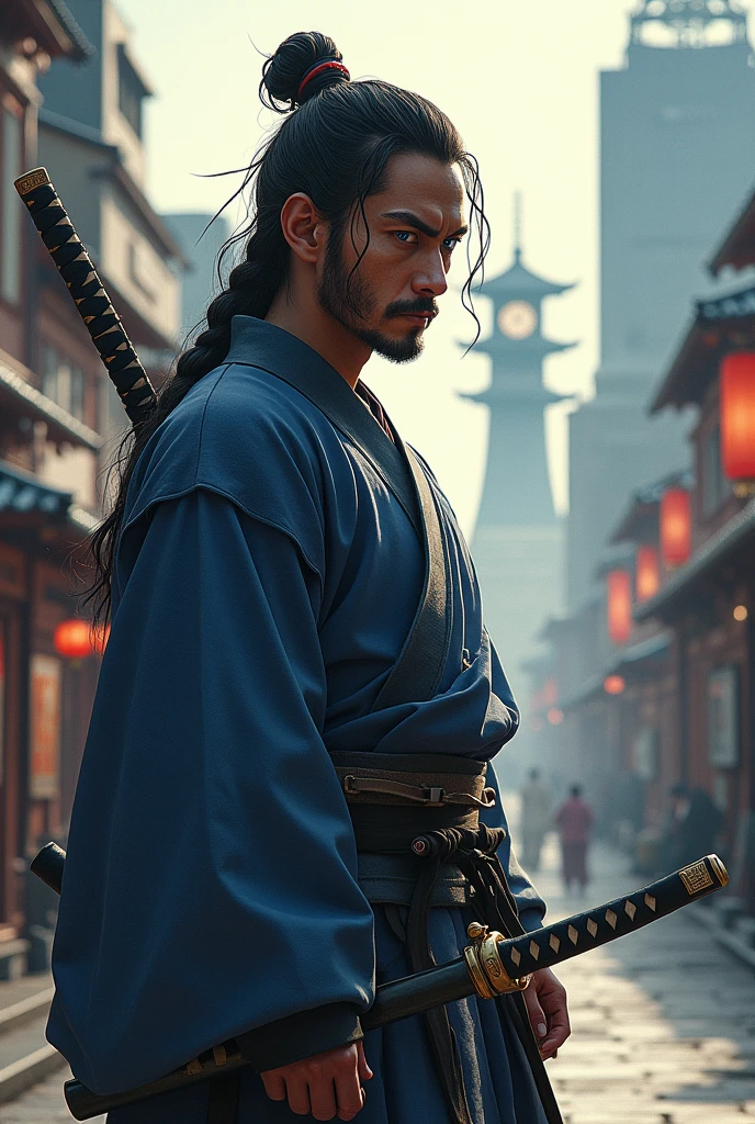 masterpiece, sharp_calligraphy, indian_ink_brush_painting, official_art, octane_render, ice_photography, double_exposure_prism, fountain, cityscape, Kyoto, 1boy, katana, pillar, blue_eyes, narrow_eyes, serious, samurai, wedge_sandals, black_hair, braid, dark_skin, standing, from_below, crepuscular_rays, sunlight, natural_light, ethereal_lighting, ray_tracing, light_shadow_symmetry, aerial_view, clock_tower, diffused_natural_skin_glow, moist_eyes, staring, subjective_perspective, bokeh, round_bokeh, back_lighting,