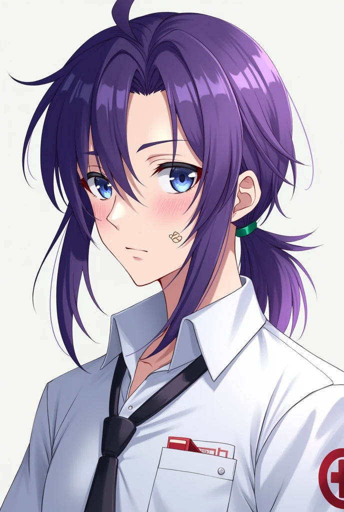 Generate a handsome purple-haired man in anime style (mullet cut) with two long black locks, blue eyes, freckles on his face, White skin, two bandages on his cheeks, a white shirt with a male nurse uniform