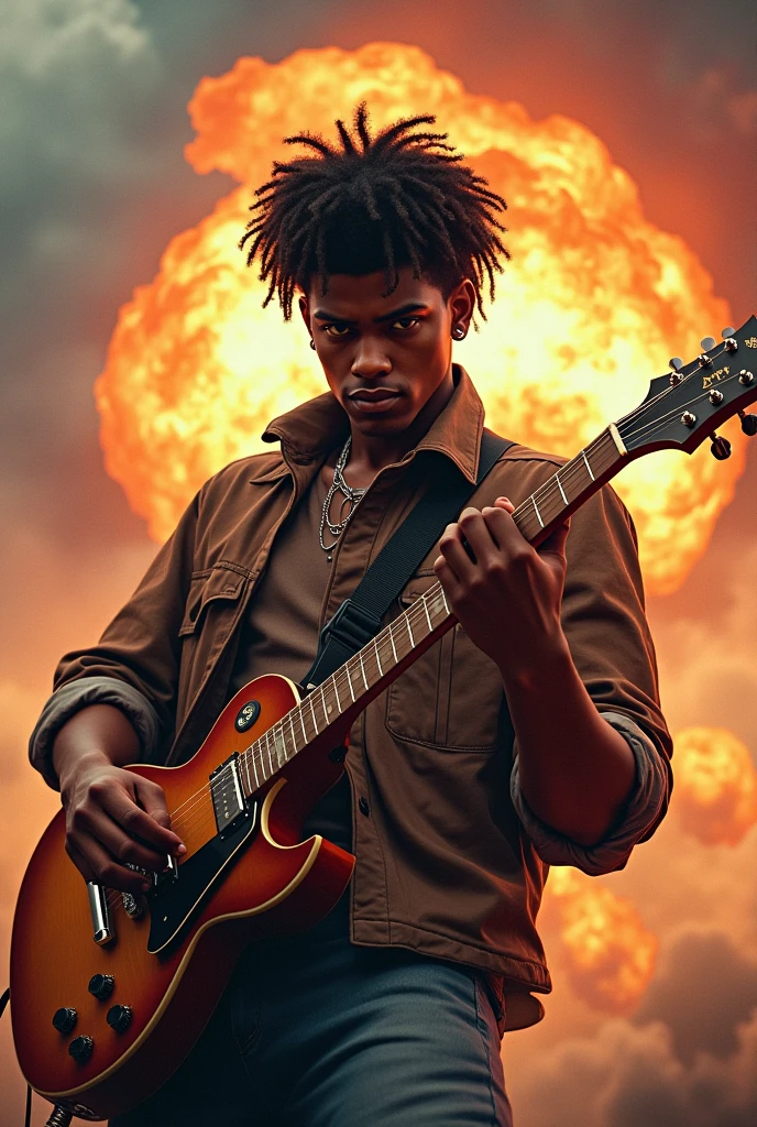  tall boy, dark-skinned, big lips,big curly hair playing guitar. digitl art, 8k, surreal, swirly vibrant colors, explosion behind, in war.