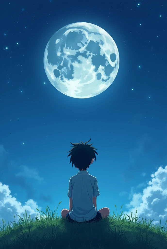 A smart anime boy back ,sitting hill and watch big moon