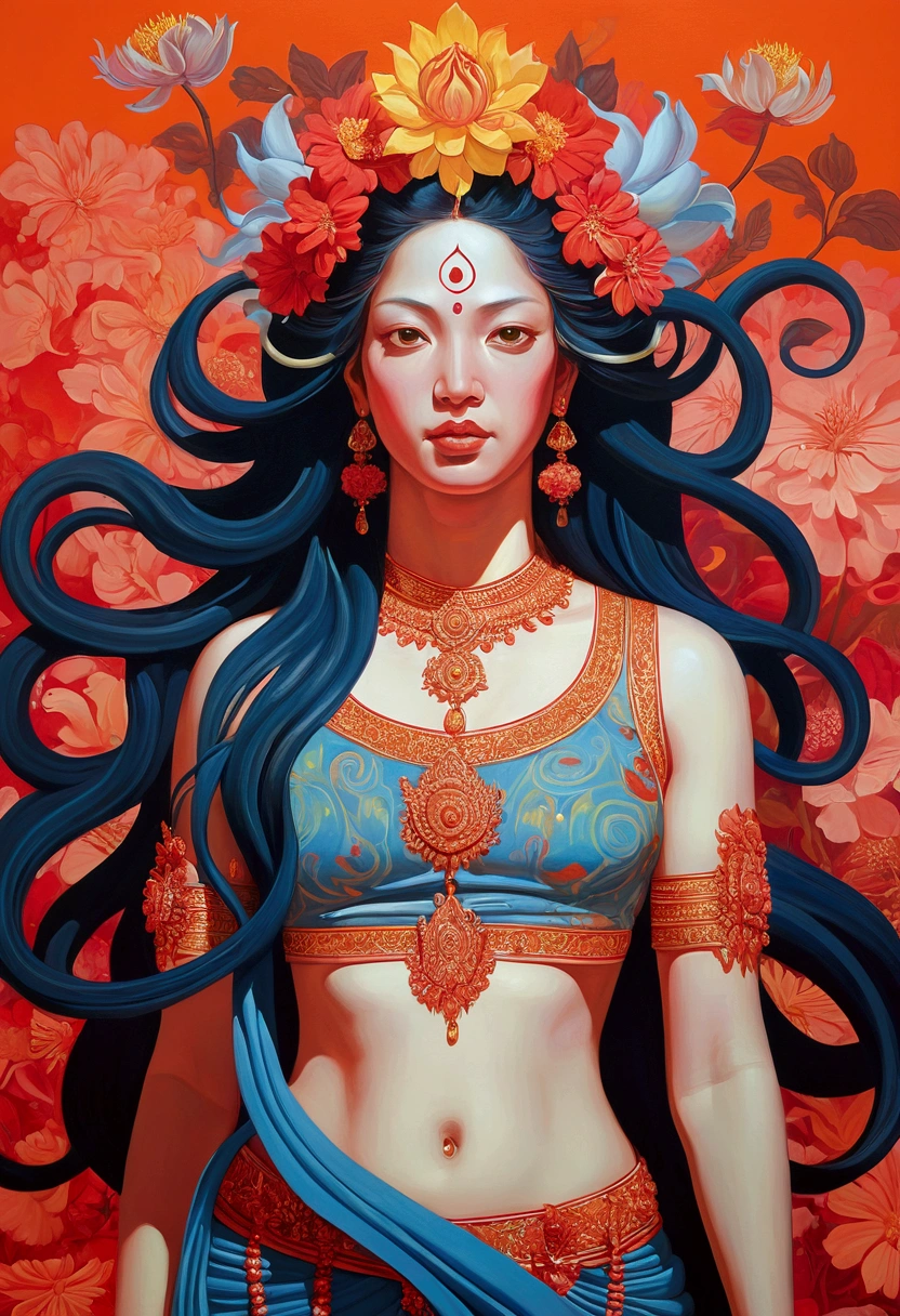 A painting of the Hindu goddess Ma Durga with long flowing hair and a flower, James Jean and Petra Cortright, James Jean Marc, James Jean, James Jean Andrei Riabovitchev, Kilian Eng vibrant colors, James Jean soft light 4K, James Jean soft light 4K, Kilian Eng vibrant colors, style of James Jean, inspired by James Jean, James Jean art.