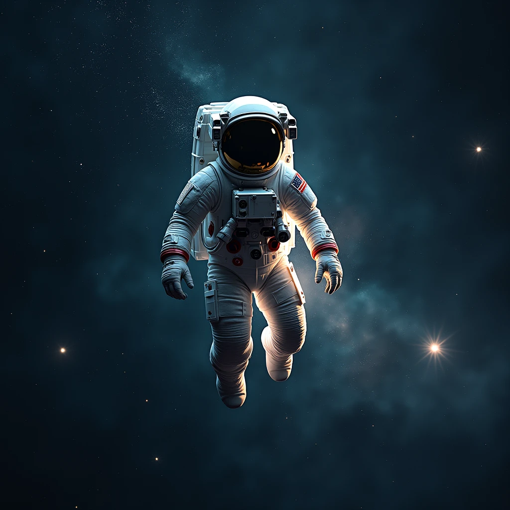 Astronaut floating in space.exterior , shines , Many stars , constellations , galaxies , a flash of light comes out of his suit