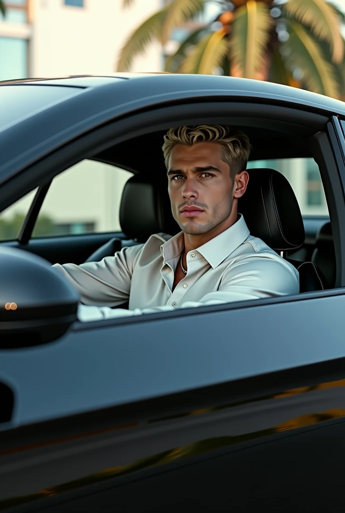 A man who is too handsome and young. His face is white skin, short blonde hair, eyes with heterochromia. He is driving a black Audi. This dress with elegant white shirt. All this is seen from a distance.