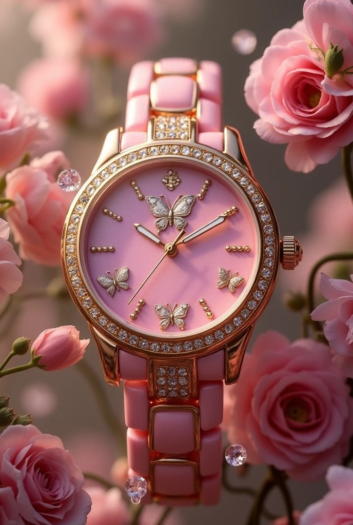 Beautiful pink watch having butterfly inside with gold bracelet and ring with butterfly in center