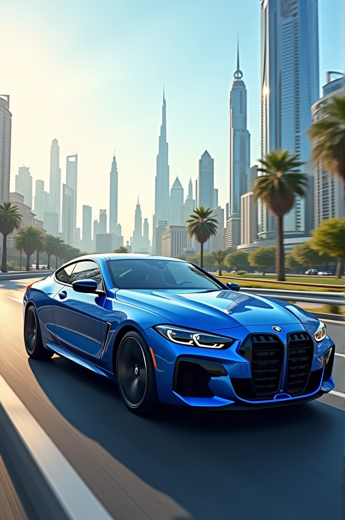 Bmw car in Dubai city with blue colour and green 