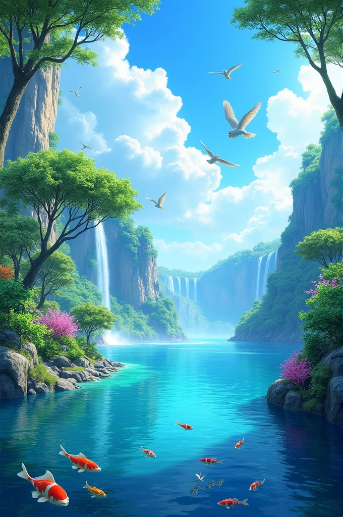 Landscape with blue sea with waterfalls in the background, full of trees and birds, sky with white clouds and koi fish in the water