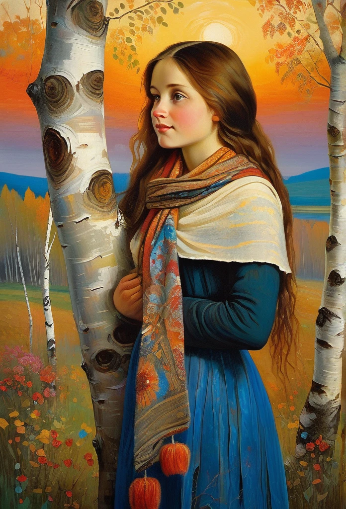a young Russian girl, against the background of a crimson sunset, complex detailing, aged canvas, "the girl by the white birch" (in the style of Odilon-Redon, depicted in oil on canvas),
a beautiful girl with brown hair in a scarf, hugging the trunk of a birch tree dressed in a top and maxi skirt with patterns and knitting, ((background: high bank of the white birch river in cheerful colors,
stunning, highly detailed, 8k, ornate, intricate, vintage, dehydrated, atmospheric, scuff gradient,
(oil painting: 0.75), (splash: 0.75), (turquoise: 0.2), (orange: 0.2), (pink:0.33),
(Odilon-Redon: 0.5), (John Constable: 0.1),
((El Greco: 0.5),(acrylic paint: 0.75), 8k (())e