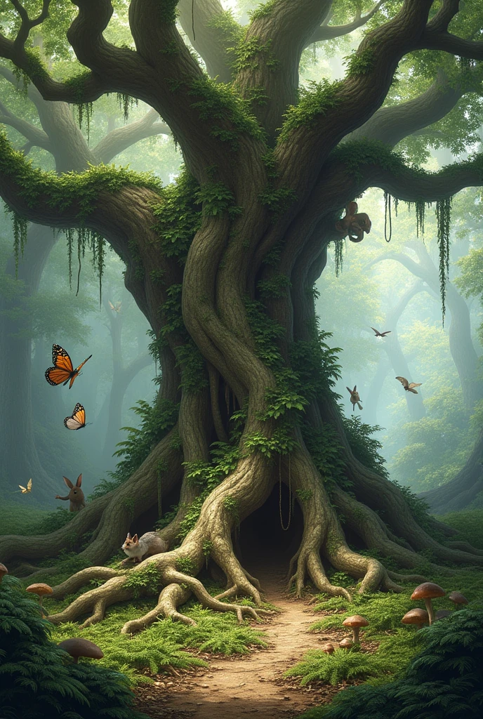 Tree with long roots surrounded by wildlife and forest animals