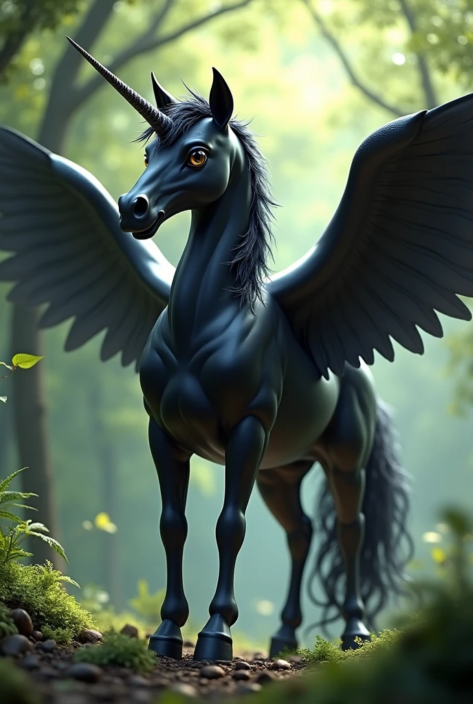 Unicorn with wings and black color that looks friendly