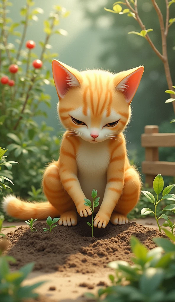 Starting Small: Illustrate Humanoid cat planting seeds in a small garden plot, carefully tending to the soil with a look of concentration,undefined,