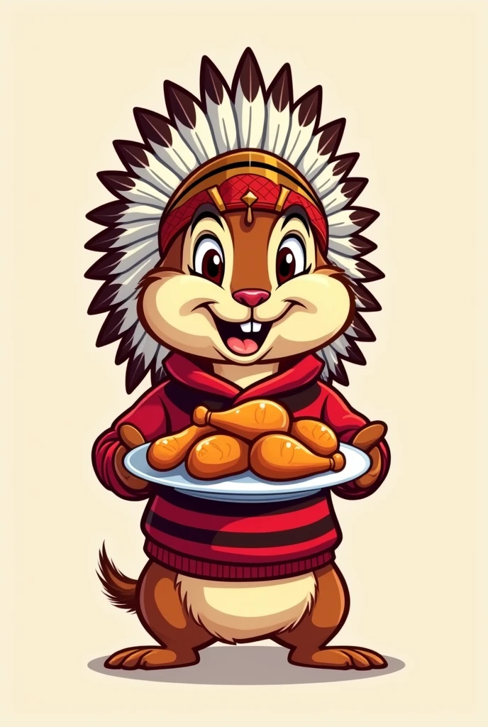 Chipmunks alvin wearing a chief hat and presenting chicken legs make it a logo