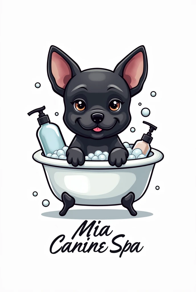 (Logo) formal cartoons of a black bitch, in a white tub, with bubbles and shampoo with the name Mía Canine Spa