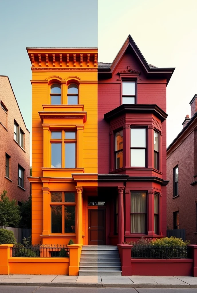 "A card with a divided image: one half shows a cheerful orange apartment building, and the other half features a charming dark red Victorian-style house. The colors should blend in the center to signify the card's versatility. The design should highlight the smooth transition between these two distinct property colors."