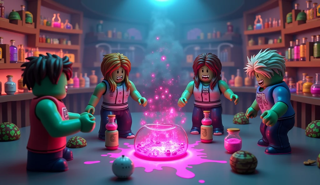 I WANT A ROBLOX GAME WALLPAPER WITH A SCENARIO SET IN THE GAME WHERE THE CHARACTERS HAVE CHARACTERISTICS OF THE GAME&#39;S AVATARS VARYING BETWEEN GIRLS AND BOYS IN THE IMAGE THEY ARE EXPERIMENTING MAGIC POTIONS AND TURNING INTO ZOMBIES