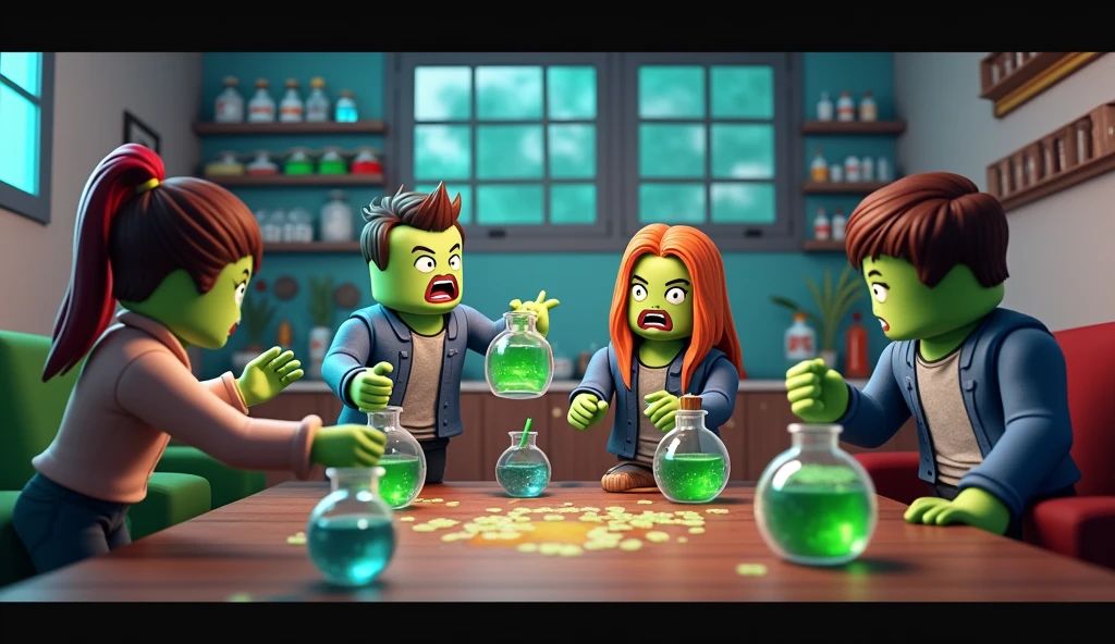 I WANT A ROBLOX GAME WALLPAPER WITH A SCENARIO SET IN THE GAME WHERE THE CHARACTERS HAVE CHARACTERISTICS OF THE GAME&#39;S AVATARS VARYING BETWEEN GIRLS AND BOYS IN THE IMAGE THEY ARE EXPERIMENTING MAGIC POTIONS AND TURNING INTO ZOMBIES