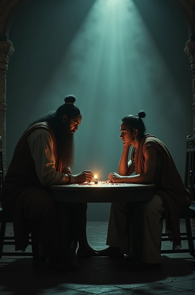 A dimly lit room where Shakuni and Duryodhan are discussing their plan. Shakuni has a cunning expression, holding a pair of dice, while Duryodhan listens intently, eager to execute the plan.